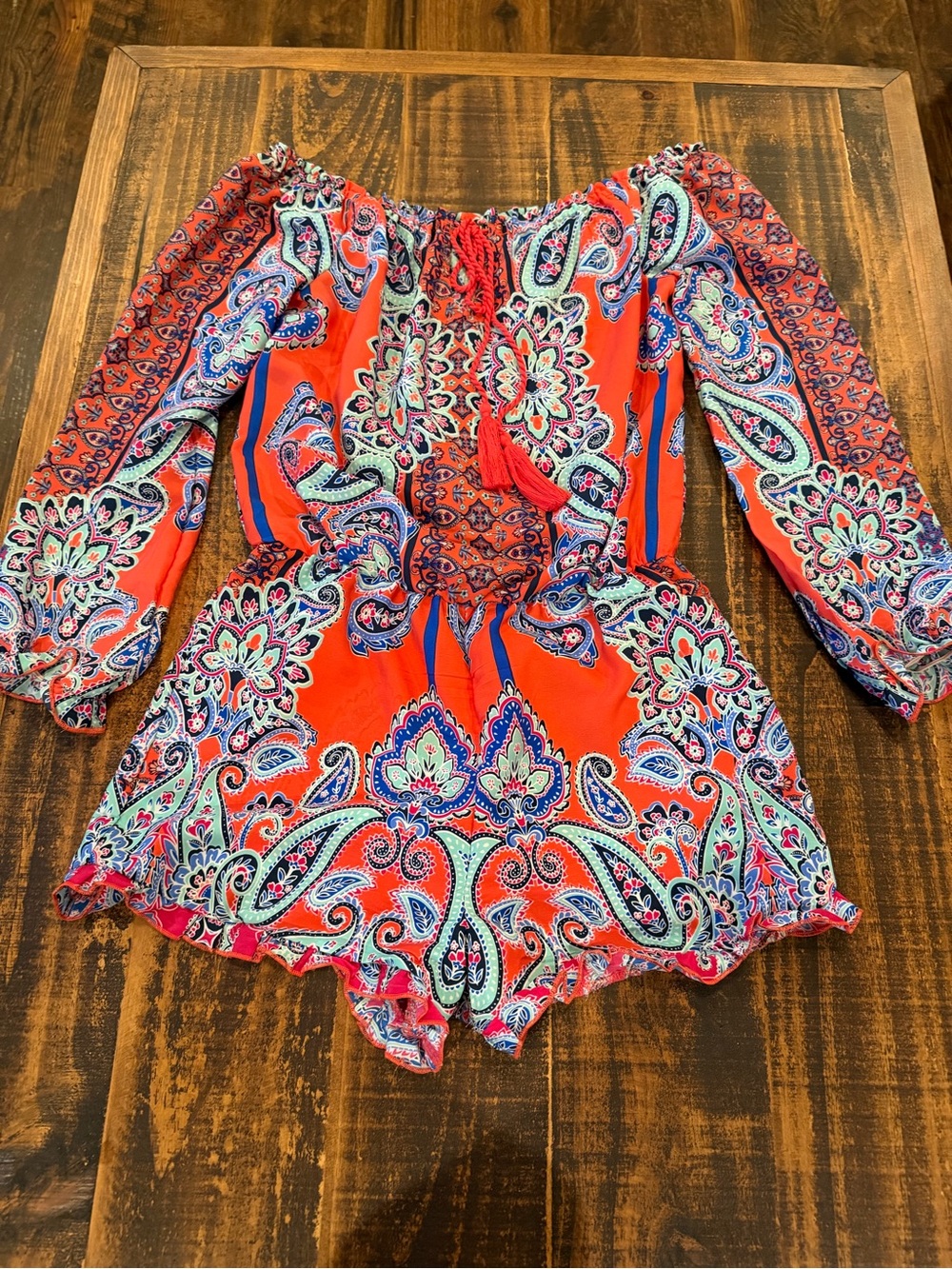 VENUS Bright Coral Paisley Off-Shoulder Romper with Tassel Tie